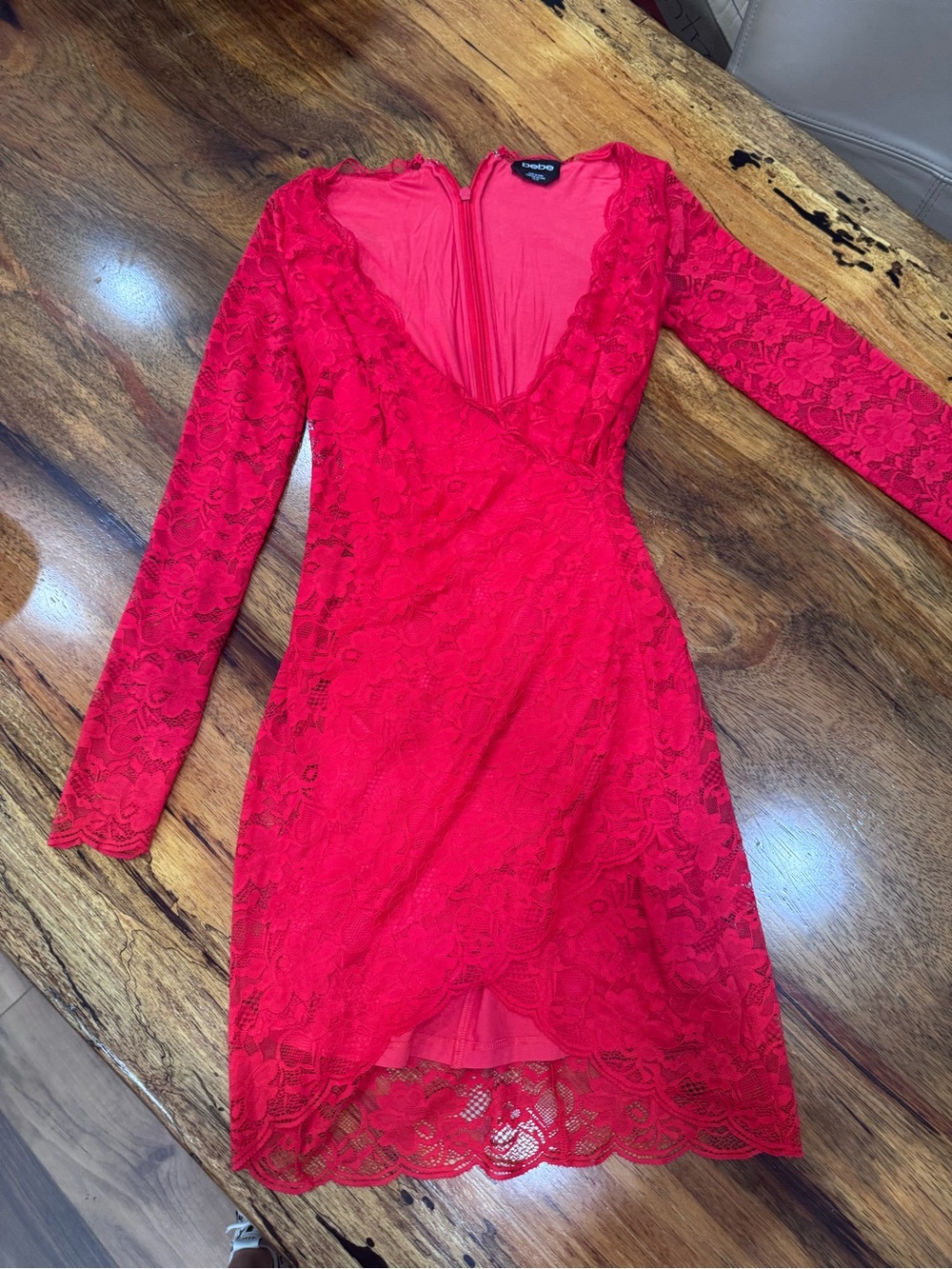bebe Red Lace Long Sleeve V-Neck Cocktail Dress